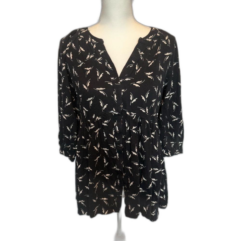 Maeve by Anthropologie Tunic Top Small Abstract Floral Black White 3/4 Sleeves